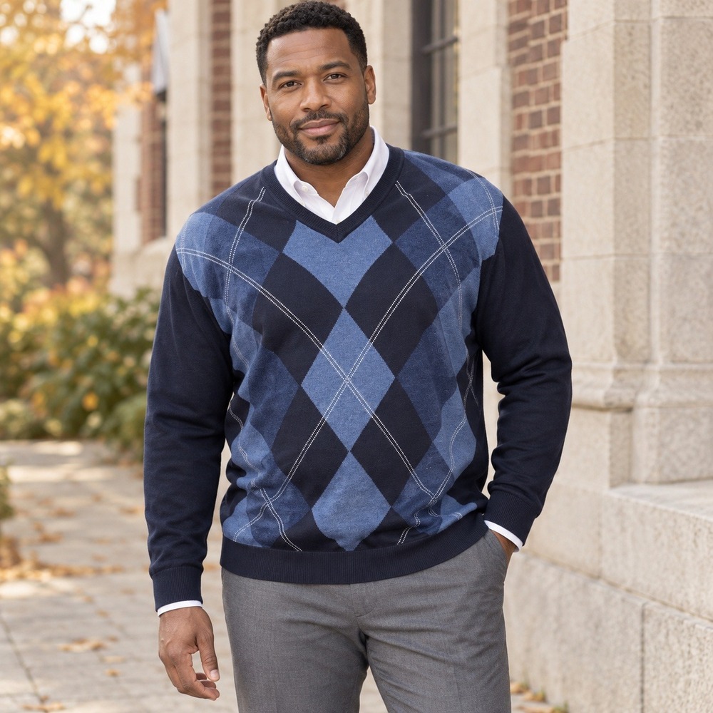 Tasso Elba Sweater Mens Size XL Blue Argyle V-Neck Cotton Pullover Ivy League